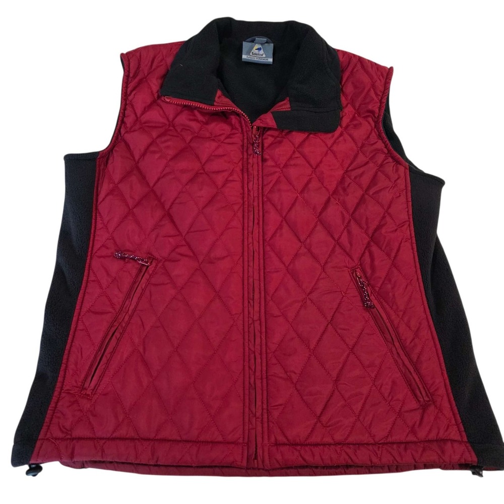 Solstice Womens Quilted Fleece Lined Vest L Red Black‎ Full Zip Pockets Classic